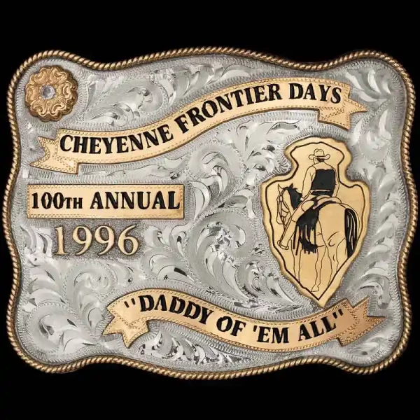 """No hour of life is wasted that is spent in the saddle."" -Winston Churchill. Our Powell Belt Buckle features a cowboy on horseback set on a Jeweler's Bronze arrowhead, representing the time we all cherish in the saddle. This Bu